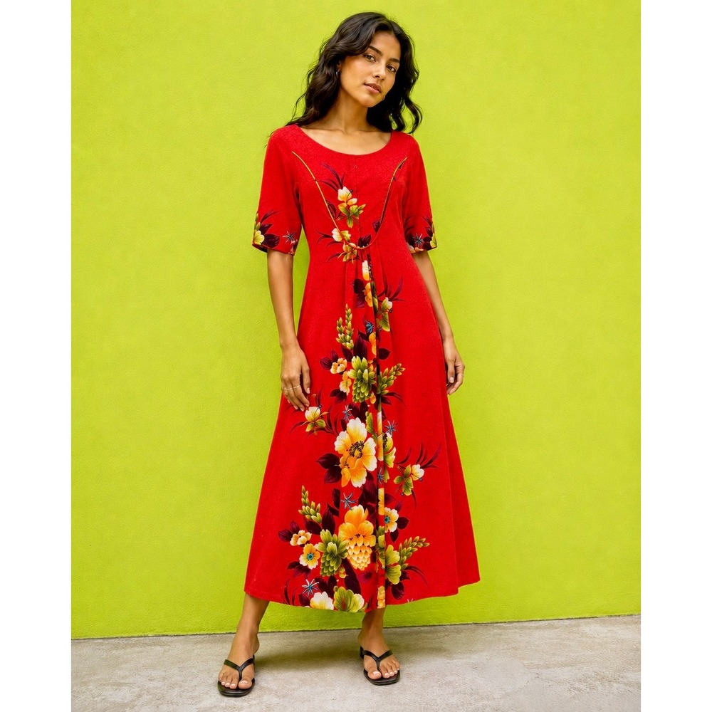Vintage 60s 70s Reef Hawaii Red Floral Hawaiian Maxi Dress XS S Low Back